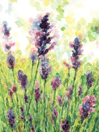 Composition avec des nuances pastelles principalement sur des tons verts agrémentée de violets et de roses.