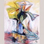 tableau moderne, composition avec des nuances de rouge, bleu, jaune et blanc